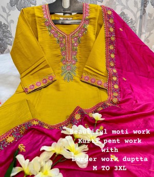 Designer hand work heavy pure muslin yellow kurti pant dupatta